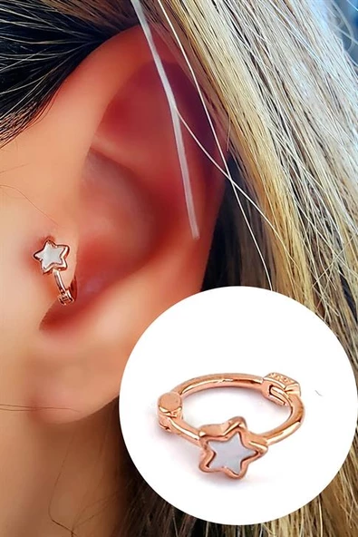 Sedef Taş Detaylı 925Ayar Gümüş Üzerine Rose Altın Kaplama Yıldız Figürlü Tragus Kıkırdak Halka Piercing ürün görseli 1