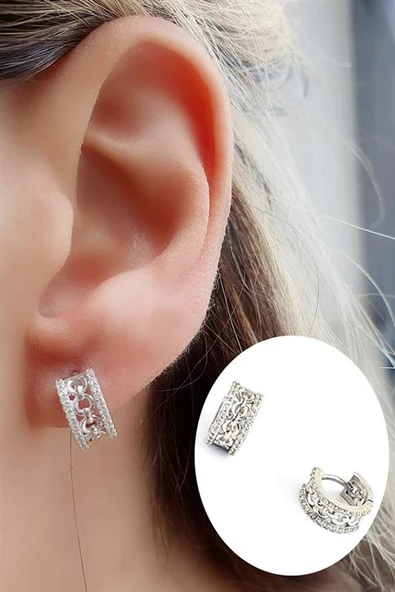Zirkon Taş Detaylı 925Ayar Gümüş Minimal Halka Küpe Cap 7Mm ürün görseli 1