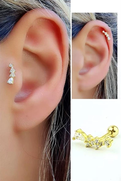 Zirkon Taşlı 925Ayar Gümüş Üzerine Altın Kaplama Tragus Ve Helix Kikirdak Piercing ürün görseli 1