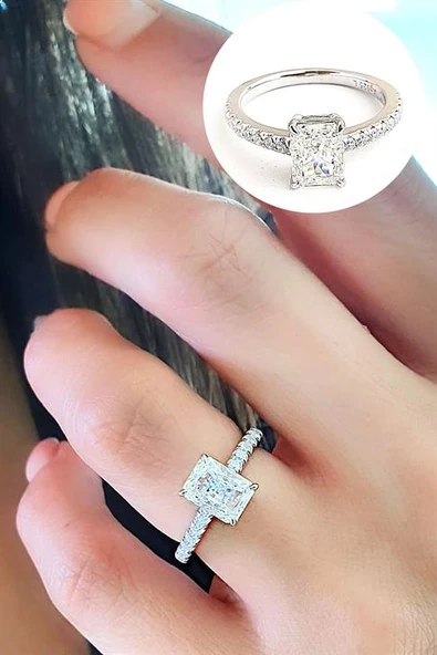 Sky Diamond Taşlı 925Ayar Gümüş Üzerine Beyaz Altın Kaplama Baget Tek Taş Yüzük ürün görseli 1
