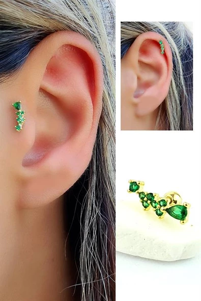 Yeşil Zirkon Taşlı 925Ayar Gümüş Üzerine Altın Kaplama Tragus Ve Helix Kikirdak Piercing ürün görseli 1