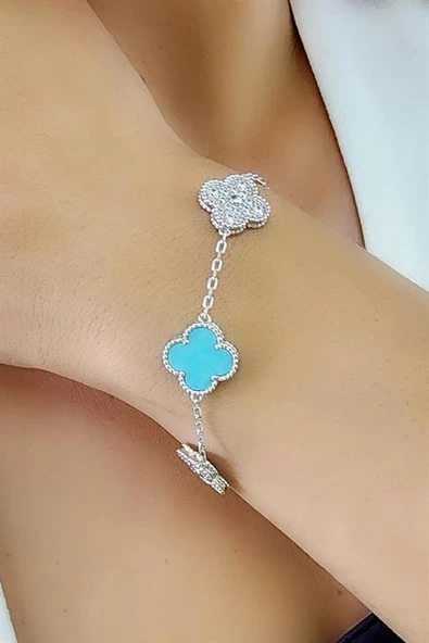 Zirkon Ve Amazonit Taş 925Ayar Gümüş Tasarım İtalyan Tasarımı Yonca Bileklik ürün görseli 1