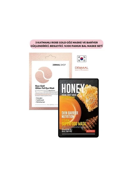 3 Katmanlı Rose Gold Göz Maske ve Bariyer Güçlendirici, Besleyici, %100 Pamuk Bal Maske Seti ürün görseli 1