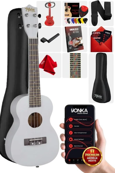 Midex UKX-233WH Beyaz Concert Ukulele (Askı Çanta Metod Pena) ürün görseli 1
