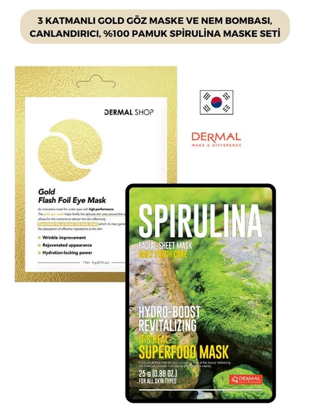 3 Katmanlı Gold Göz Maske ve Nem Bombası, Canlandırıcı, %100 Pamuk Spirulina Maske Seti ürün görseli 1
