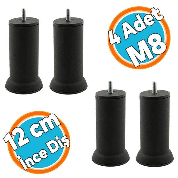 Mobilya Yüksletici Baza Metal Kanepe Koltuk Destek Ayağı M8 Civatalı İnce Diş Siyah Metal Ayak 12 Cm (4 ADET) ürün görseli 1