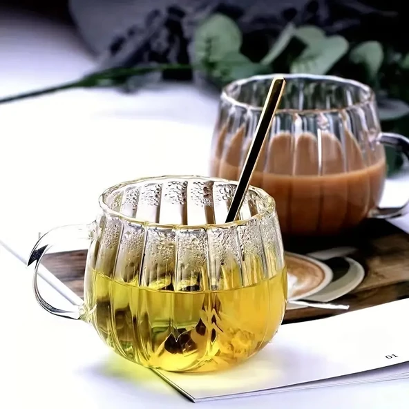 Mithra Life 2 Adet Ateşe Dayanıklı 400 ML Çizgili Cam Kupa Bardak MIT1100 ürün görseli 1