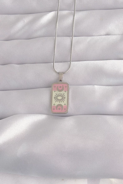 316L Çelik Gümüş Renk Pembe Mineli Ay Figür Tarot Kolye TJ-BKO9045 ürün görseli 1