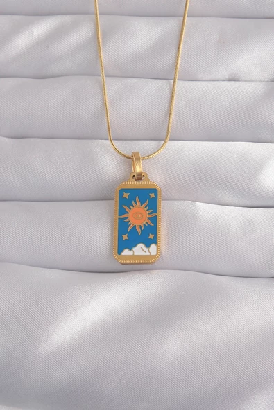 316L Çelik Gold Renk Mavi Mineli Güneş Model Tarot Kolye TJ-BKO9026 ürün görseli 1