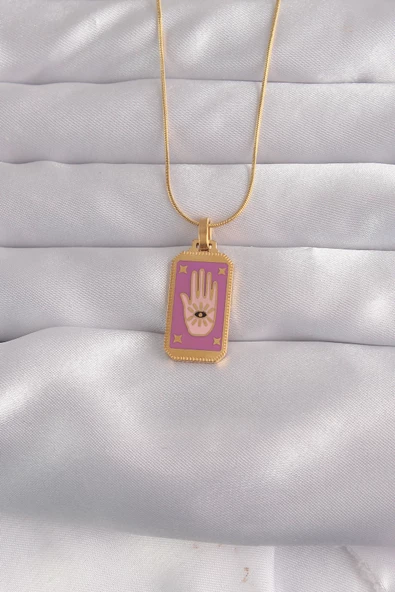 316L Çelik Gold Renk Mor Mineli El Figür Tarot Kolye TJ-BKO9034 ürün görseli 1