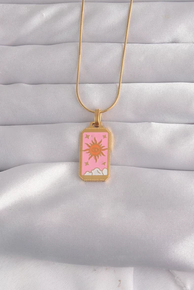 316L Çelik Gold Renk Pembe Mineli Güneş Model Tarot Kolye TJ-BKO9029 ürün görseli 1