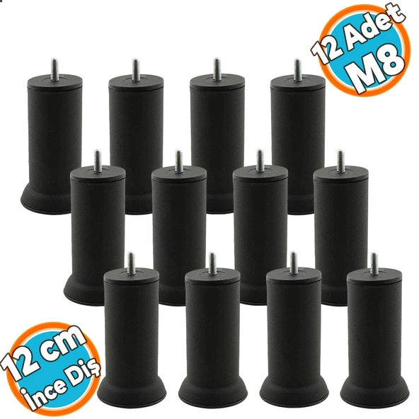 Mobilya Yükseltici Baza Metal Kanepe Koltuk Destek Ayağı M8 Civatalı İnce Diş Siyah Metal Ayak 12 cm (12 ADET) ürün görseli 1