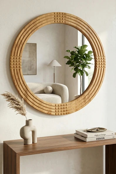 MONTESEV  Safir Antik İşlemeli Ahşap Dekoratif Ayna Yuvarlak Ayna Duvar Aynası Banyo Lavabo Aynası - 56 Cm ürün görseli 1