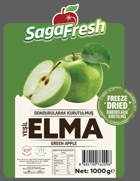 SagaFresh Dondurularak Kurutulmuş Yeşil Elma Dilimleri 1000g ürün görseli 1