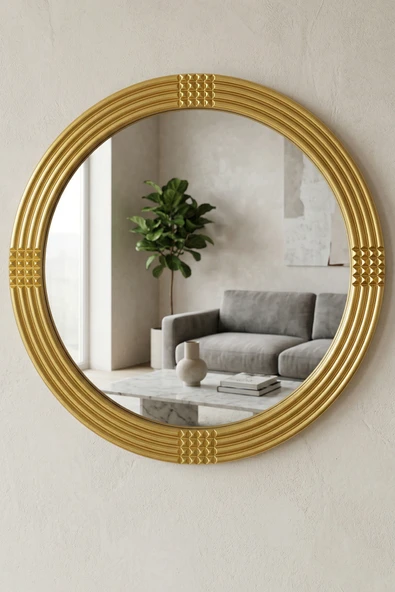 MONTESEV  Safir Gold Dekoratif Ayna Yuvarlak Ayna Işlemeli Ahşap Banyo Aynası Duvar Aynası Tekli - 43 Cm ürün görseli 1
