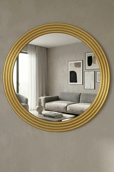 MONTESEV  Zümrüt Gold Dekoratif Ayna Yuvarlak Ayna Işlemeli Ahşap Banyo Aynası Duvar Aynası Tekli - 56 Cm ürün görseli 1