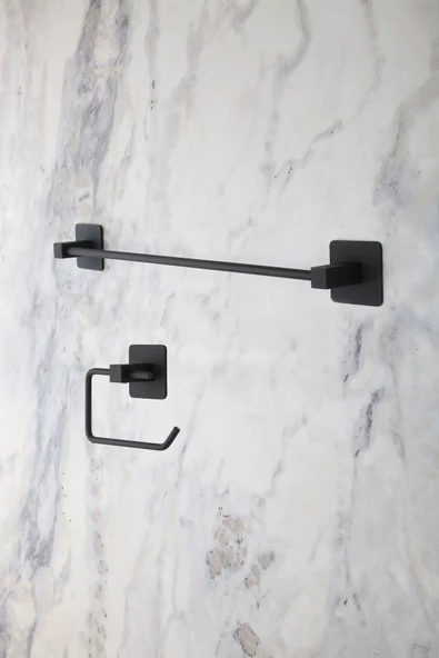 MultiStore Siyah Kare Yapışkanlı Uzun Havluluk / Açık Tuvalet Kağıtlığı 2li Banyo Düzenleyici Seti ürün görseli 1