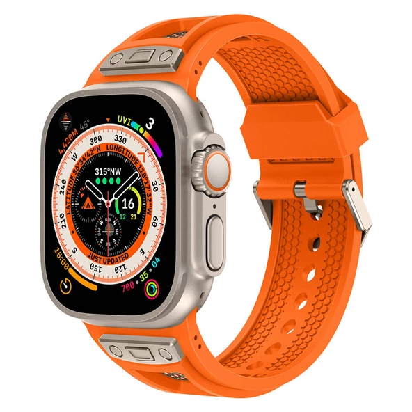 Apple Watch Ultra 49mm  KRD-117 Hava Alabilen Delikli Metal Süslemeli Desenli Silikon Kordon ürün görseli 1