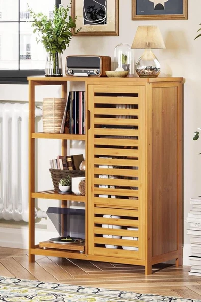 Digithome Bambu Masif 3 Raflı Tek Kapaklı Çok Amaçlı Düzenleyici Organizer Dolap DB-0005 ürün görseli 1