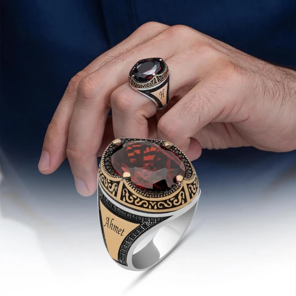 Kırmızı Taşlı Oval İsimli 925 Gümüş Erkek Yüzük ürün görseli 1