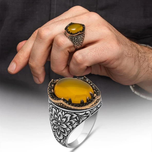Sarı Akik Taşlı Kakma Oyma Motif 925 Gümüş Erkek Yüzük ürün görseli 1