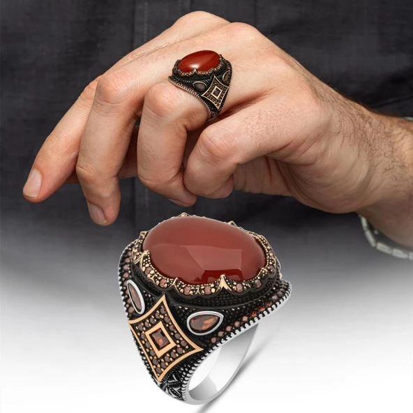 Akik Taşlı Oval 925 Gümüş Erkek Yüzük ürün görseli 1