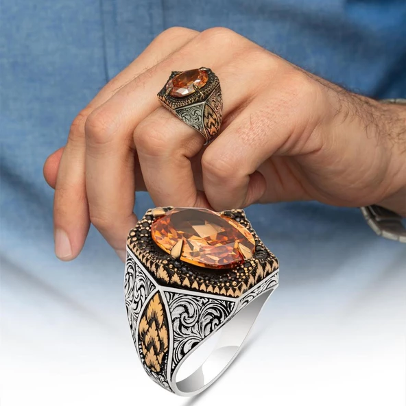 Sarı Taşlı Oval 925 Gümüş Erkek Yüzük ürün görseli 1