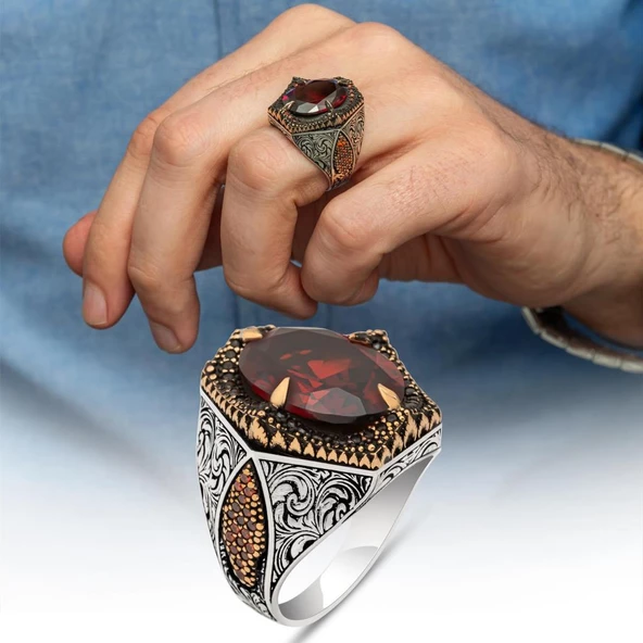 Kırmızı Taşlı Oval 925 Gümüş Erkek Yüzük ürün görseli 1