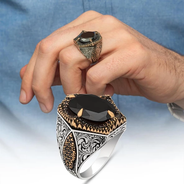 Siyah Taşlı Oval 925 Gümüş Erkek Yüzük ürün görseli 1