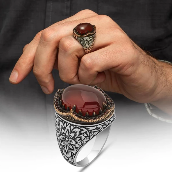 Akik Taşlı Kakma Oyma Motif 925 Gümüş Erkek Yüzük ürün görseli 1