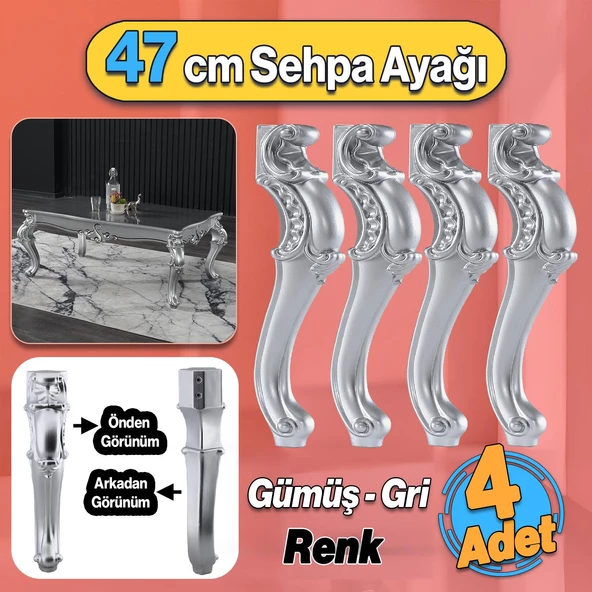Gümüş Gri Renk 4 Adet Valenta Plastik Sehpa Ayağı 47 cm Mobilya Zigon Çay Orta Sehpası Ayak Ayaklar ürün görseli 1