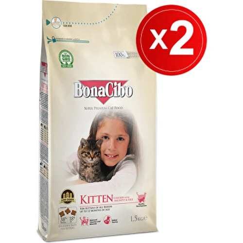 Bonacibo Kitten 1.5 kg x 2 Li - Tavuklu (Hamsi ve Pirinç Eşliğinde) Yavru Kedi Maması ürün görseli 1