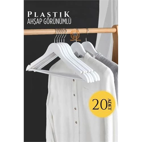 ModaCar Ahşap Görünüm Plastik Askı 20 ADET Beyaz ürün görseli 1