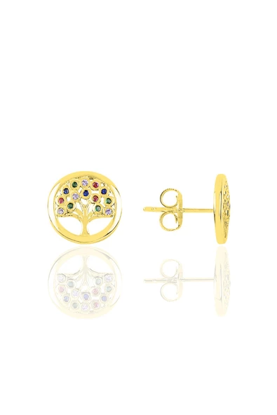 Gümüş altın yaldızlı renkli taşlı hayat ağaçı modeli küpe  SGTL10786GOLD ürün görseli 1
