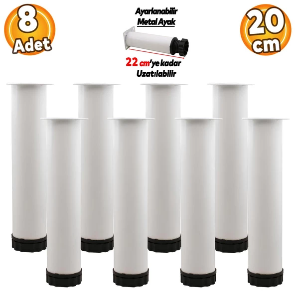 Ayarlanabilir Mobilya Kanepe Konsol Koltuk Metal Destek Yükseltici Beyaz Ayağı Ayakları 20 Cm 8 Adet ürün görseli 1