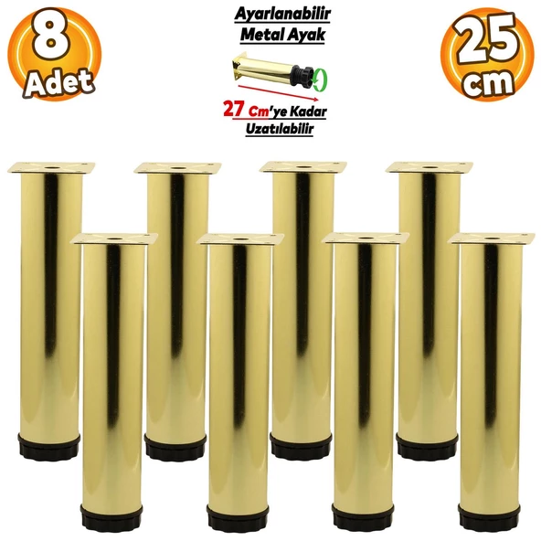 Ayarlanabilir Mobilya Kanepe Baza Koltuk Metal Destek Yükseltici Gold Ayağı Ayakları 25 cm 8 Adet ürün görseli 1