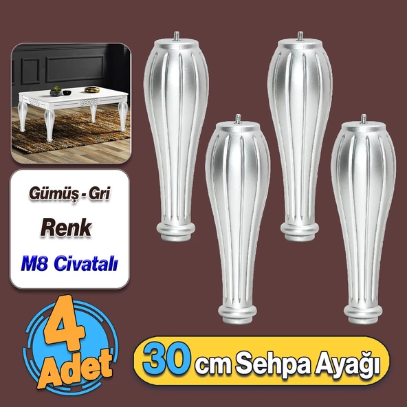Pırlanta Plastik Sehpa Ayağı 30 cm Gümüş Renk 4 Adet Mobilya Orta Sehpası M8 Civatalı Ayak Ayaklar ürün görseli 1