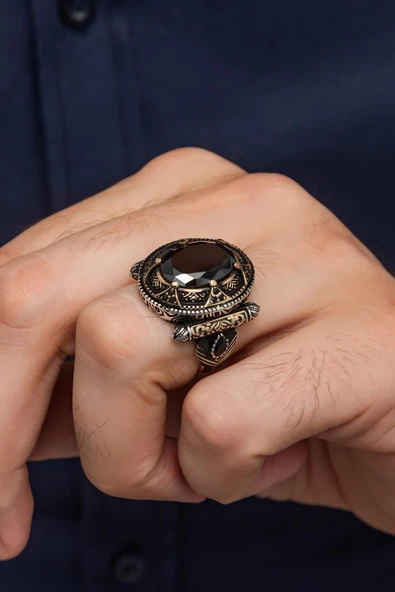Siyah Taşlı Oval Motifli 925 Gümüş Erkek Yüzük ürün görseli 1