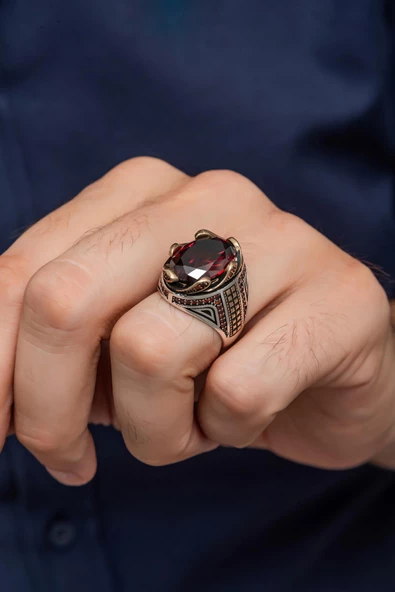 Kırmızı Taşlı Dalga Motif 925 Gümüş Erkek Yüzük ürün görseli 1