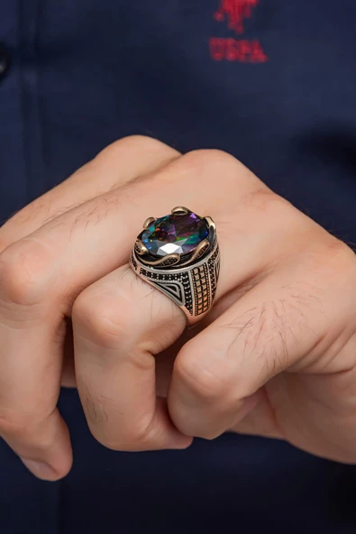 Mistik Topaz Taşlı Dalga Motif 925 Gümüş Erkek Yüzük ürün görseli 1