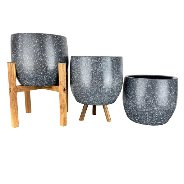 Bitki Tasarımı Gri Granit Toprak Saksı Saksılık Salon Çiçeklik Üçlü Set- 19 CM ürün görseli 1