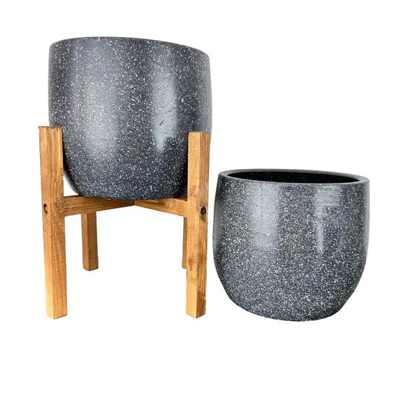 Bitki Tasarımı  Gri Granit Toprak Saksı Saksılık Salon Çiçeklik İkili Set Ayaksız - 4 Ayaklı- 19 CM ürün görseli 1