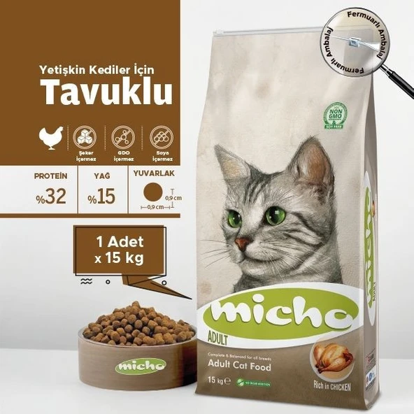 Micho Tavuklu ve Hamsili Yetişkin Kedi Maması 15 Kg - Tam Besleyici Ekonomik Büyük Boy ürün görseli 1
