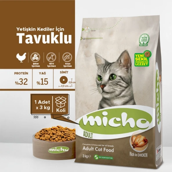 Micho Tavuklu Yetişkin Kedi Maması 3 Kg (Orijinal Kapalı Ambalajlı) ürün görseli 1