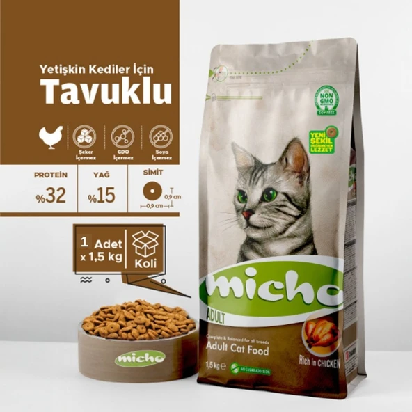 Micho Tavuklu (Hamsi ve Pirinç eşliğinde) Yetişkin Kedi Maması 1,5Kg ürün görseli 1