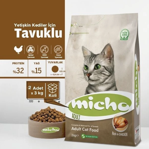 Micho Adult Tavuklu, Hamsi ve Pirinçli Yetişkin Kedi Maması 2 x 3 Kg (Özel Paketli) ürün görseli 1