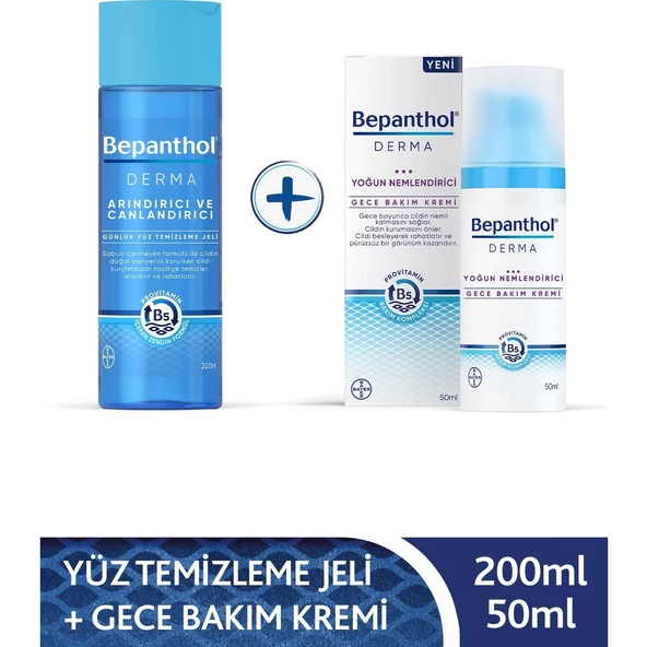 Bepanthol Derma Yoğun Nemlendirici Gece Bakım Kremi 50ML + Derma Arındırıcı & Canlandırıcı Günlük Yüz Temizleme Jeli 200ML ürün görseli 1