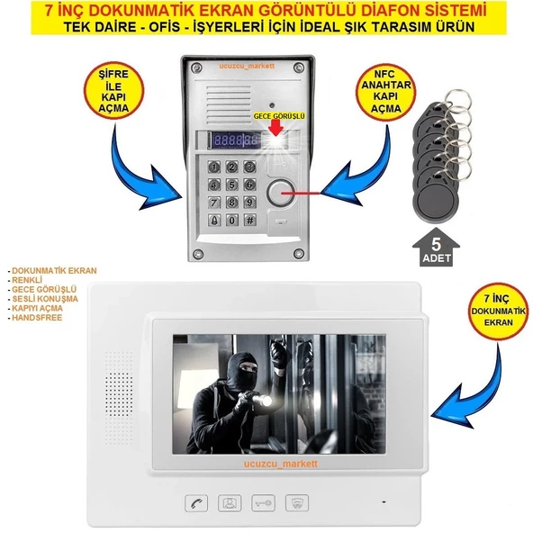 7 İNÇ DOKUNMATİK EKRAN GÖRÜNTÜLÜ DİAFON SİSTEMİ (TEK DAİRE İÇİNDİR ŞİFRE + KARTLI GEÇİŞ ÖZELLİKLİDİR) ürün görseli 1