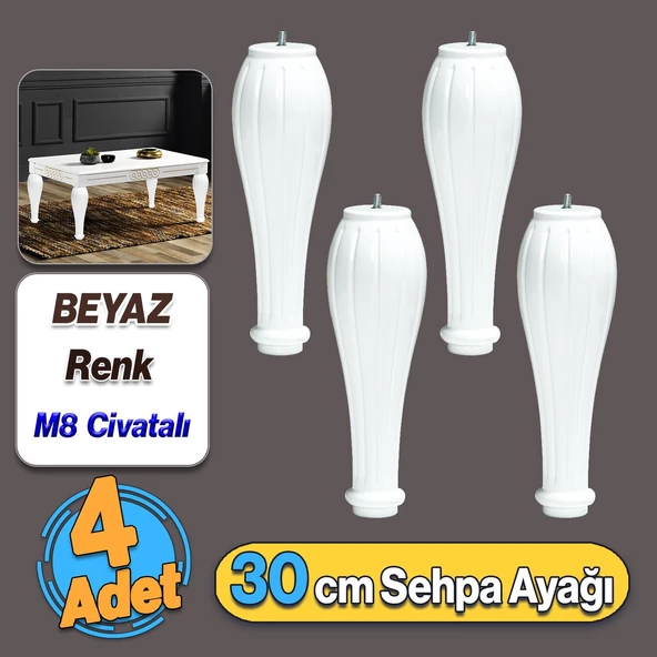 Pırlanta Plastik Sehpa Ayağı 30 cm Beyaz Renk 4 Adet Mobilya Orta Sehpası M8 Civatalı Ayak Ayaklar ürün görseli 1