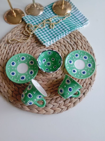 Den Tasarım Hediyelik Nazar Boncuğu El işlemesi 2 Kişilik Kahve Fincan Seti Yeşil ürün görseli 1
